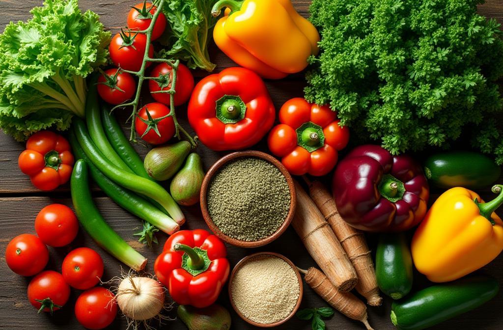 Variety of fresh, colorful healthy cooking ingredients on a table