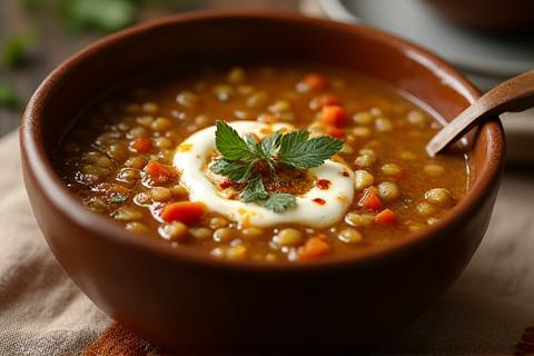 Hearty lentil soup in a ceramic bowl